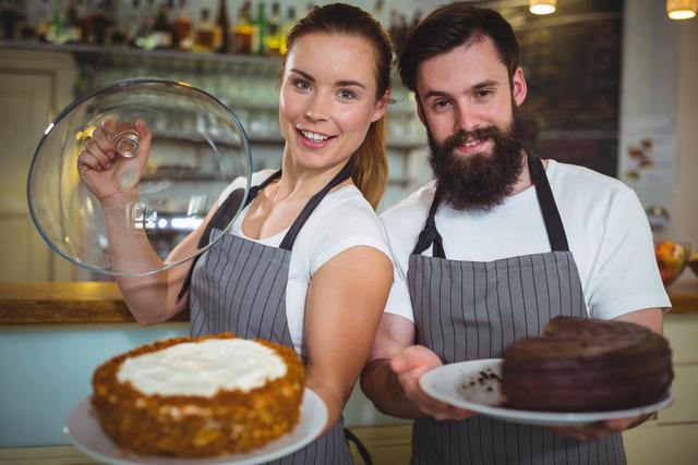 Portrait of waiter and waitress holding a plate of cake - Download Free Stock Photos Pikwizard.com