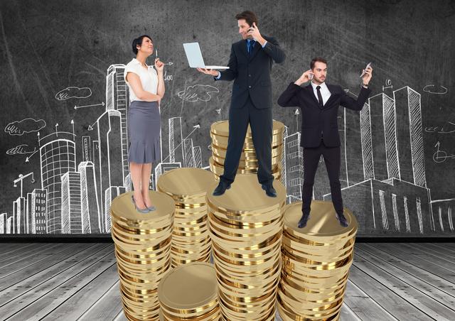 Businesspeople standing on stack of gold coins - Download Free Stock Photos Pikwizard.com