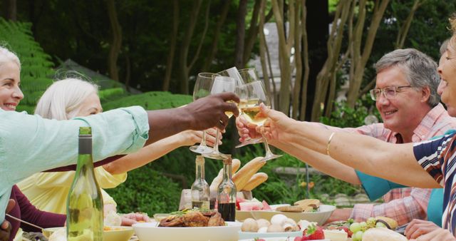 Image of diverse happy senior female and male friends eating lunch in garden, drinking wine. retirement lifestyle, spending quality time with friends.