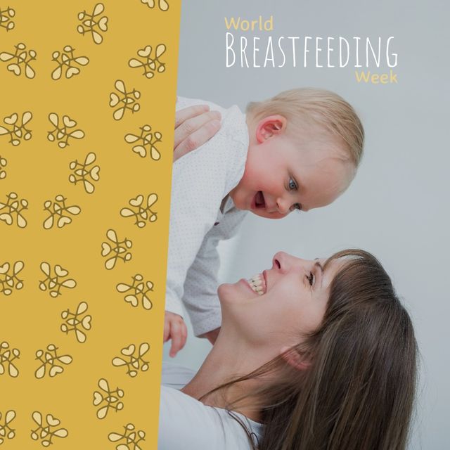 Composite of happy caucasian mother picking up baby and world breastfeeding week text by designs. yellow, family, togetherness, maternity, nurturing, babyhood, healthy, awareness and campaign.
