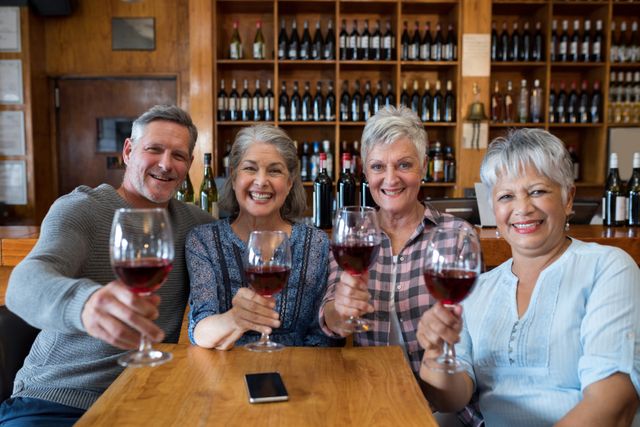 Group of smiling senior friends having red wine in restaurant - Download Free Stock Photos Pikwizard.com