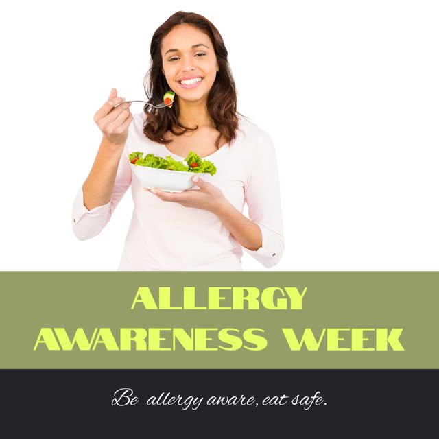 Composition of allergy awareness week text and happy biracial woman with salad. Allergy awareness week and health concept digitally generated image.