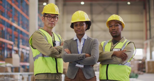 Portrait of diverse workers wearing safety suits with arms crossed in warehouse. global business, shipping and delivery.