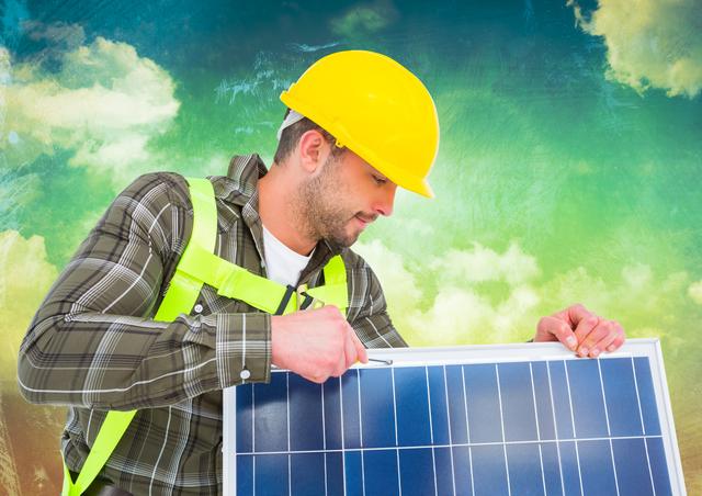 Man in hardhat holding a solar panel - Download Free Stock Photos Pikwizard.com