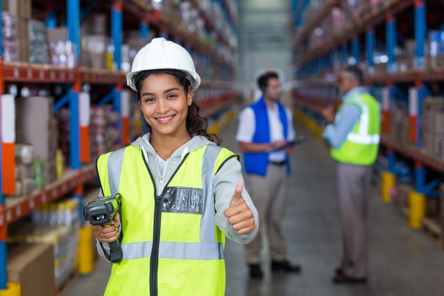 Female warehouse worker showing thumbs up sign - Download Free Stock Photos Pikwizard.com