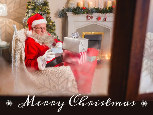 Composition of christmas text over santa claus with girt in background. Christmas festivity, celebration and tradition concept digitally generated video.