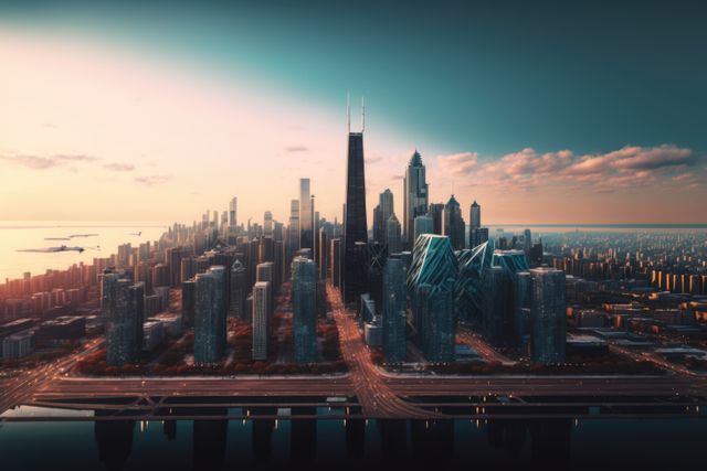Skyline with modern buildings by seashore, created using generative ai technology. Urban architecture and cityscape concept digitally generated image.