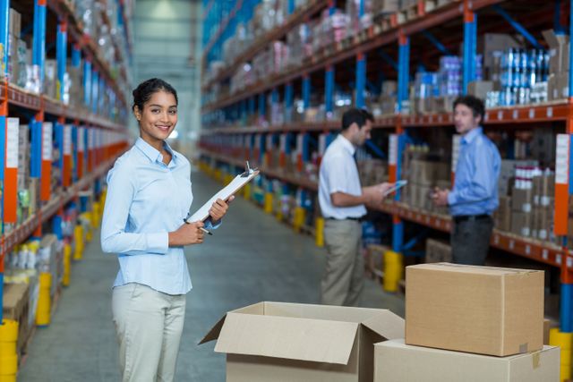 Portrait of female warehouse worker standing with clipboard - Download Free Stock Photos Pikwizard.com