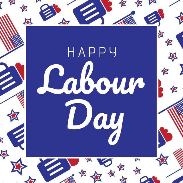 Illustration of happy labor day text with various icons on white background. Federal holiday, honor and recognize the american labor movement, celebration, appreciation of works and contributions.