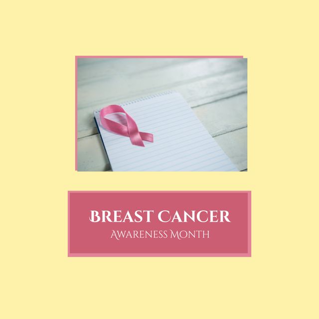 Image of breast cancer awareness month over yellow background and photo with pink ribbon. Health, medicine and cancer awareness concept.