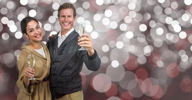 Smiling couple holding champagne flutes over bokeh - Download Free Stock Photos Pikwizard.com