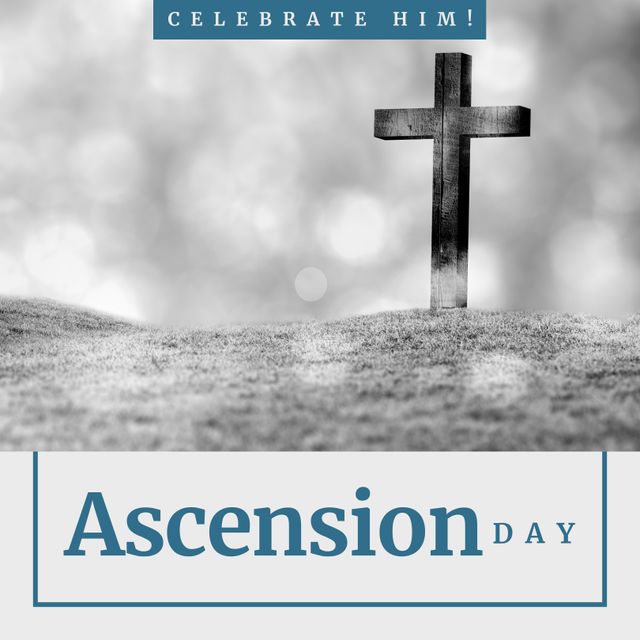 Composite of ascension day and celebrate him text over cross on land with lens flares. Copy space, christianity, religion, belief and spirituality concept.