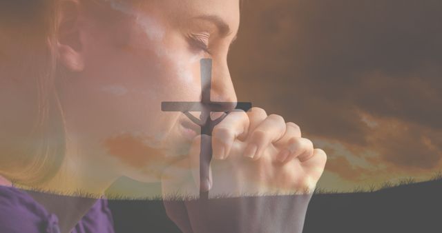 Image of caucasian woman praying and crucifix at sunset - Download Free Stock Photos Pikwizard.com