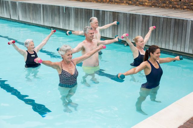 Trainer with senior people exercising in swimming pool - Download Free Stock Photos Pikwizard.com