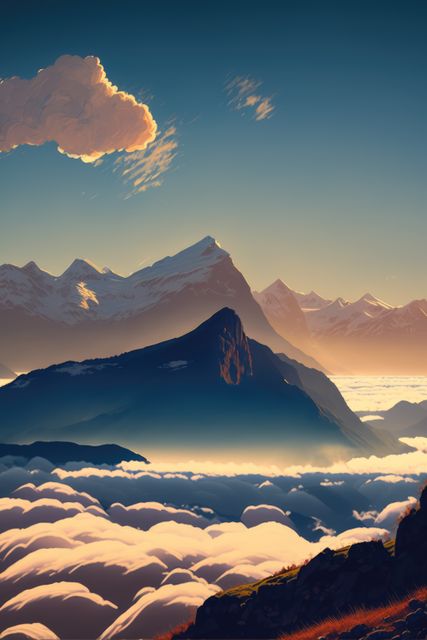 Scenery with mountains, cloud and sky created using generative ai technology. Landscape and nature concept digitally generated image.