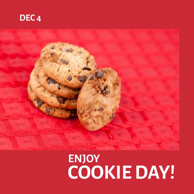 Composition of enjoy cookie day text over cookies on red background. Cookie day concept digitally generated image.