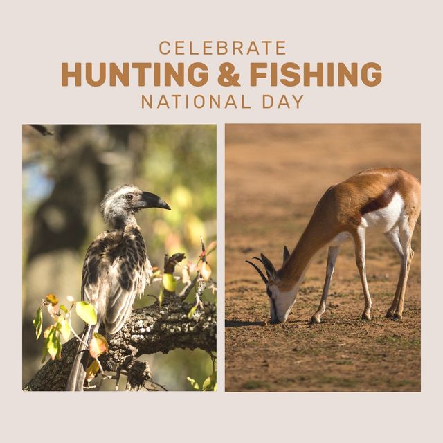 Collage of bird and deer with celebrate hunting and fishing national day text, copy space. Digital composite, animal, nature, image montage, celebration and wildlife conservation concept.