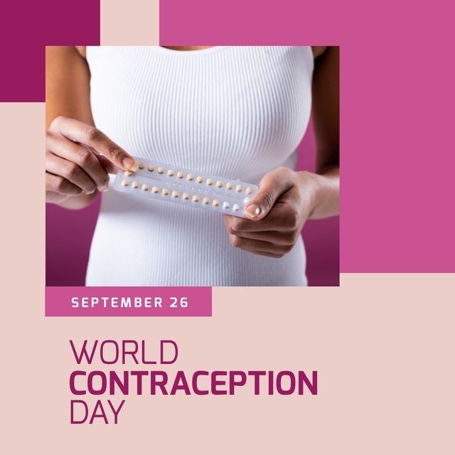Midsection of african american woman holding pills and world contraception day, september 26 text. Composite, pink, medicine, pregnancy, birth control, awareness, healthcare, campaign, prevention.