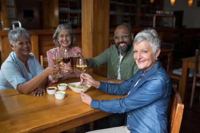 Happy senior friends having glass of wine in bar - Download Free Stock Photos Pikwizard.com
