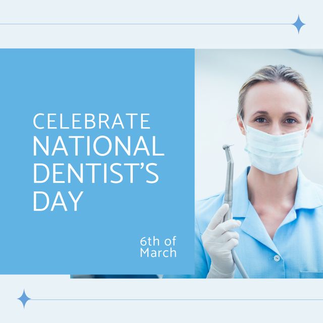 Composition of national dentist's day and female dentist in face mask. National dentist's day, dentistry and tooth care concept.