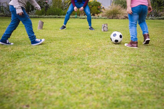 Low section of caucasian father and two sons playing football together in the garden - Download Free Stock Photos Pikwizard.com
