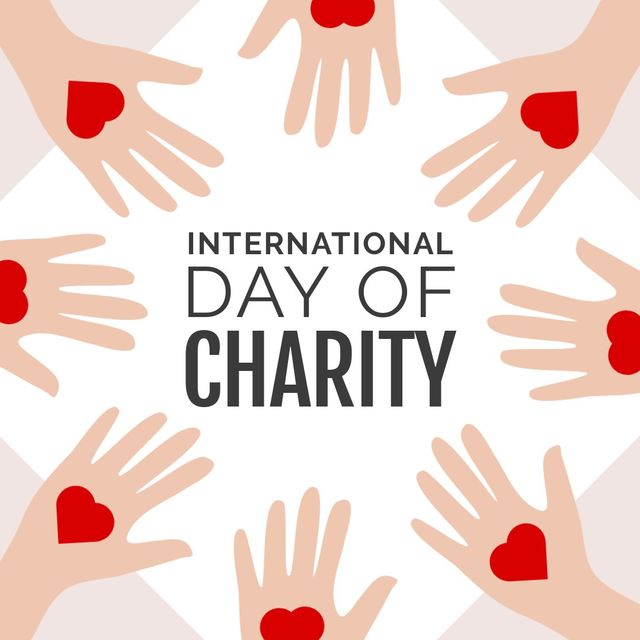 Vector image of cropped hands with red heart shapes and international day of charity text. Illustration, raise awareness, charity, donation, celebration, social responsibility.
