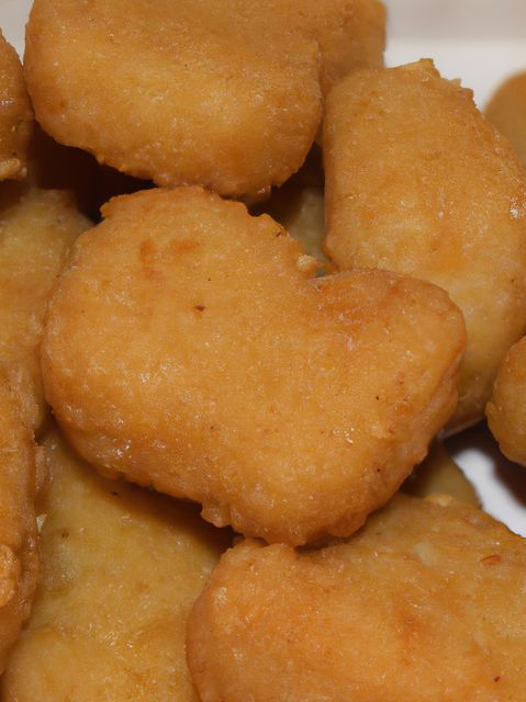 Close up of chicken nuggets created using generative ai technology. Food, flavour and nutrition concept, digitally generated image.