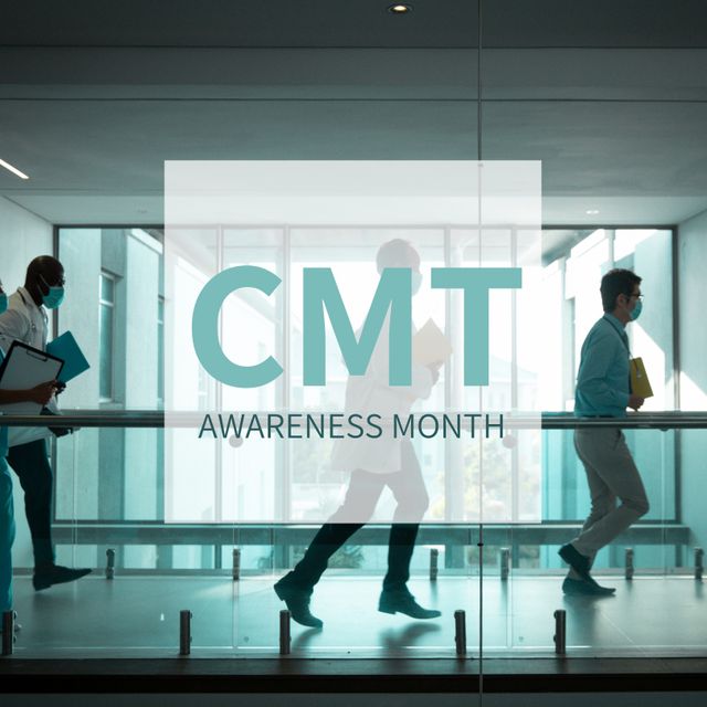 Composition of cmt awareness month text over diverse doctors. Cmt awareness month and celebration concept digitally generated image.