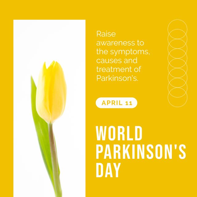 Composition of parkinson's awareness day and yellow tulip on yellow background. Parkinson's awareness day and healthcare concept.