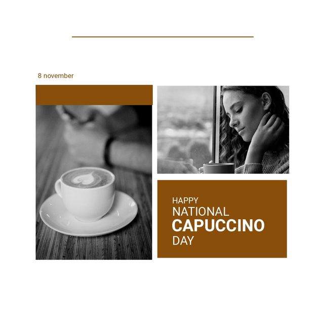 Digital composite image of caucasian young woman having coffee, happy national cappuccino day text. Frothy drink, celebration, benefits and significance of coffee concept.