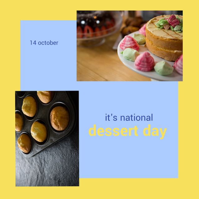 Composition of it's national dessert day text over cake and cucakes on yellow background. Dessert day and celebration concept digitally generated image.