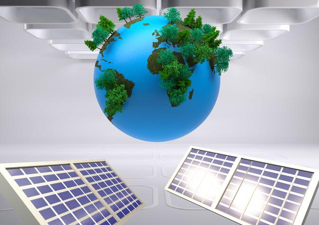 Solar panel and trees growing over globe - Download Free Stock Photos Pikwizard.com