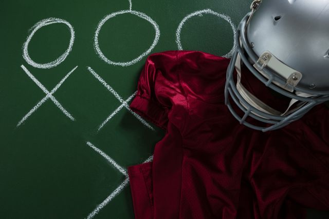 American football jersey and head gear lying on green board with strategy drawn on it - Download Free Stock Photos Pikwizard.com