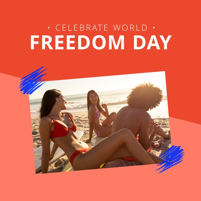 Young multiracial women enjoying at beach with celebrate world freedom day text in frame. Copy space, digital composite, celebration, victory over communism, holiday, freedom, togetherness.