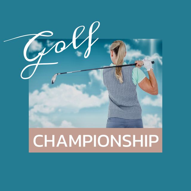 Square image of golf championship text over green textured background with green frame. Sport, golf, contest and rivalry concept.
