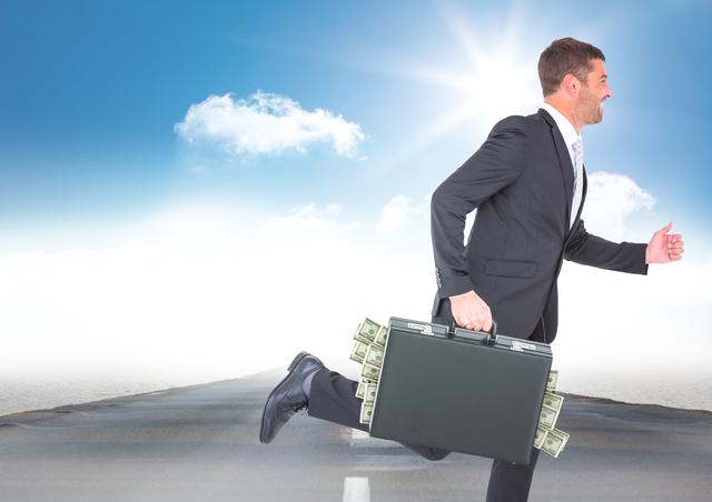 Business man running with money sticking out of briefcase on road against sky with sun - Download Free Stock Photos Pikwizard.com