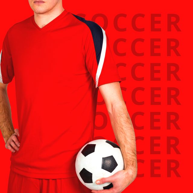 Square image of multiplied soccer and midsection of caucasian male player with ball. Soccer, league, competition and sport concept.