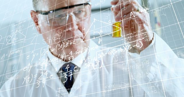 Image of mathematical equations on caucasian male scientist holding a vial bottle at laboratory. Medical research and science technology concept