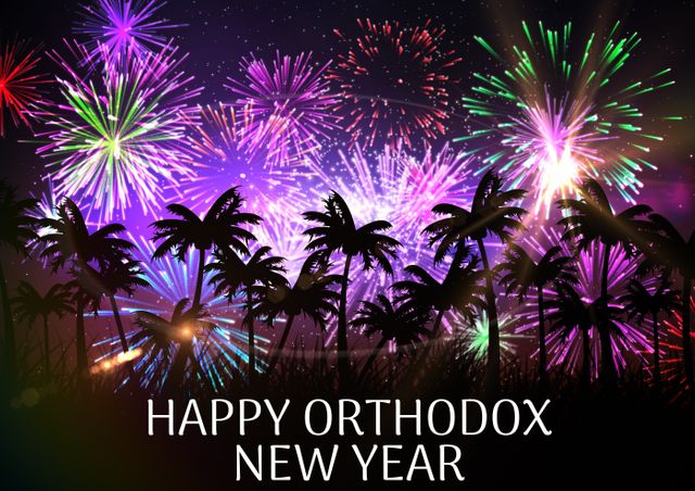Composition of happy orthodox new year text and colorful fireworks display over palm trees at night. orthodox new year, greeting, tradition and holiday.