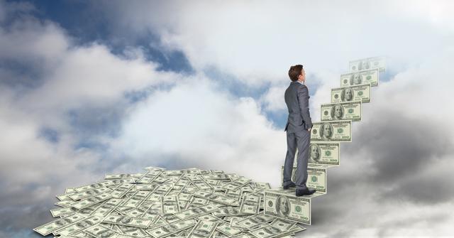 Digital composite of Digital composite image of businessman on money steps in sky