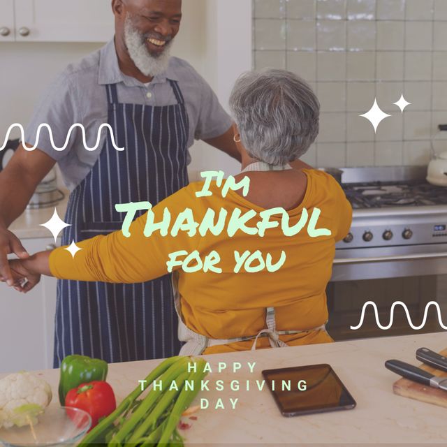 Composition of happy thanksgiving day text over senior african american couple dancing. Thanksgiving day and celebration concept digitally generated image.