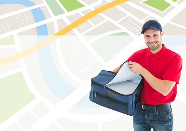 Delivery man holding parcel against location background - Download Free Stock Photos Pikwizard.com