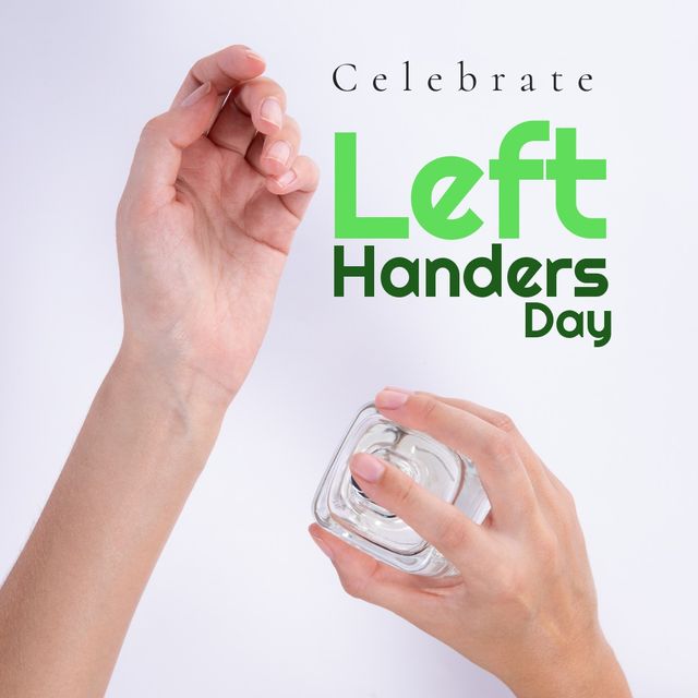 Digital image of cropped caucasian woman's hand spraying perfume with celebrate left handers day. Raise awareness, sinistrality, celebrate uniqueness and differences of left-handed individuals.