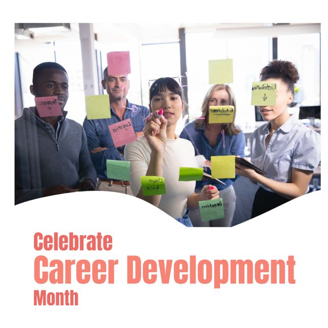 Composition of celebrate career developement month text over diverse business people. Career developement month and celebration concept digitally generated image.