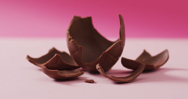 Image of chocolate easter egg in pieces on a pink surface. seasonal easter traditional sweet treats.