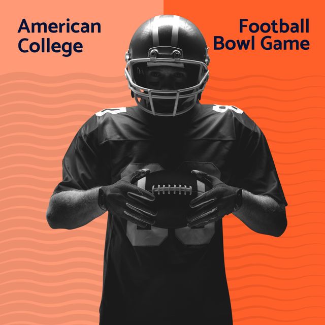 Composition of american college football text over caucasian male american football player. Global sport and celebration concept digitally generated image.