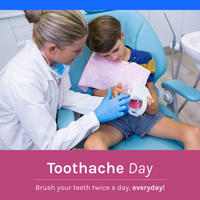 Composition of toothache day text and caucasian female dentist with boy patient. Toothache day oral hygiene and dentistry concept digitally generated image.