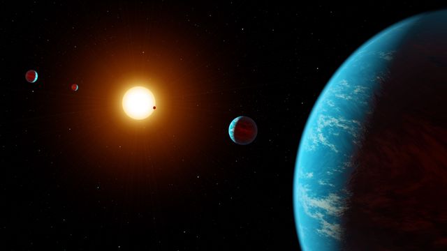 This artist concept shows K2-138, the first multi-planet system discovered by citizen scientists. The central star is slightly smaller and cooler than our Sun. The five known planets are all between the size of Earth and Neptune. Planet b may potentially be rocky, but planets c, d, e, and f likely contain large amounts of ice and gas. All five planets have orbital periods shorter than 13 days and are all incredibly hot, ranging from 800 to 1,800 degrees Fahrenheit.  https://photojournal.jpl.nasa.gov/catalog/PIA22088
