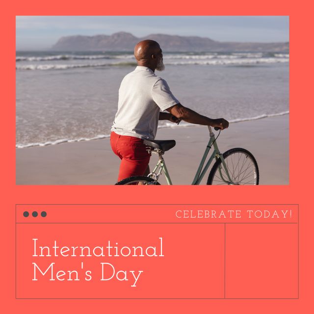 African american mature man with bicycle walking at beach, international men's day text in frame. Copy space, digital composite, celebration, holiday, recognizing contributions and achievements.