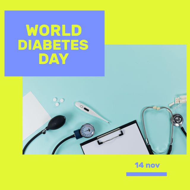 Composite of 14 nov and world diabetes day text over various medical equipment with clipboard. Copy space, sugar, disease, healthcare, campaign, awareness and prevention concept.